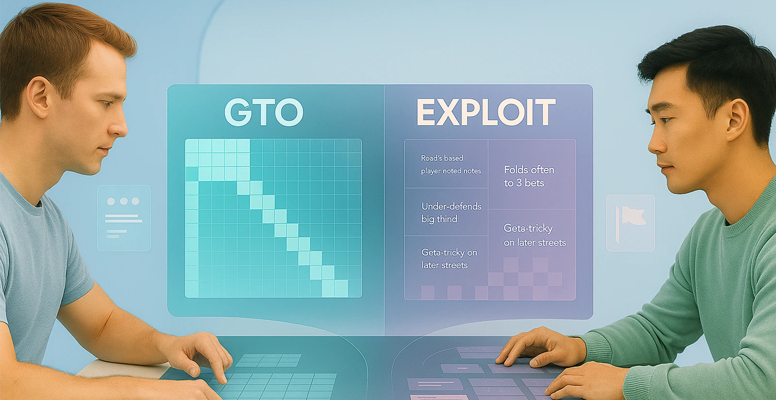 Deux joueurs de poker face à face autour d’une table futuriste, illustrant le GTO face au jeu exploitant avec un flop visible.